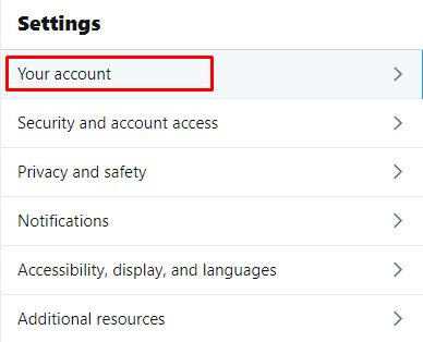 Your Account در منوی تنظیمات توییتر